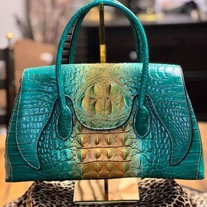 New Teal and Tan Crocodile-Embossed Handbag